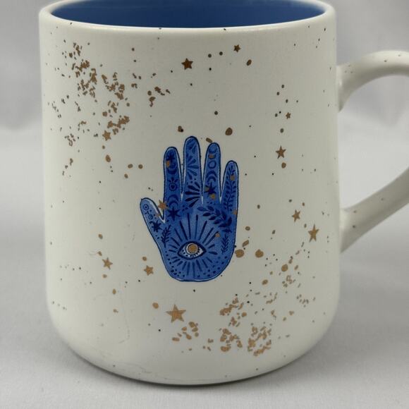 Hamsa Hand Ceramic Coffee Tea Mug 20 oz Blue Hand Gold Colored Stars Evil Eye - Picture 1 of 11